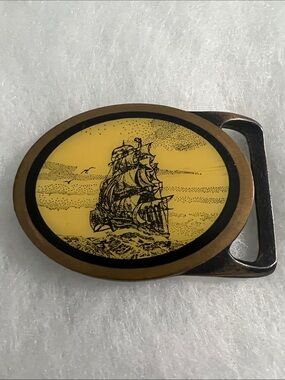 Vintage Sailing Ship Oval Belt Buckle in Yellow and Black